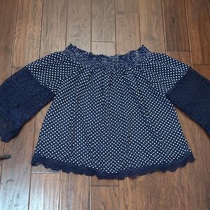 Perfectly Priscilla Polka Dot Off-Shoulder Blouse with Crocheted Sleeves size 2X
